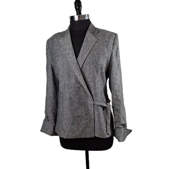 Vintage Womens Linen Wrap Blazer Sz L Gray Lined Office Smart  Adjustable - Picture 2 of 9